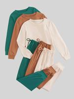 Women's Solid Color Long Sleeve Tee & Tie Front Elastic Waist Pants Lounge Wear Set, Casual Comfortable Comfy Round Neck Top ...