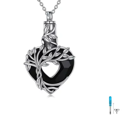 Sterling Silver Black Crystal Tree Of Life Urn Necklace for Ashes