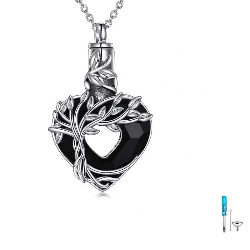 Sterling Silver Black Crystal Tree Of Life Urn Necklace for Ashes