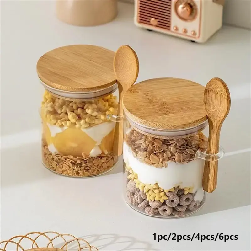 Round Glass Spice Jar with Bamboo Lid & Spoon, Clear Table Food Butterball Storage Container, Kitchen Utensils & Gadgets for ...