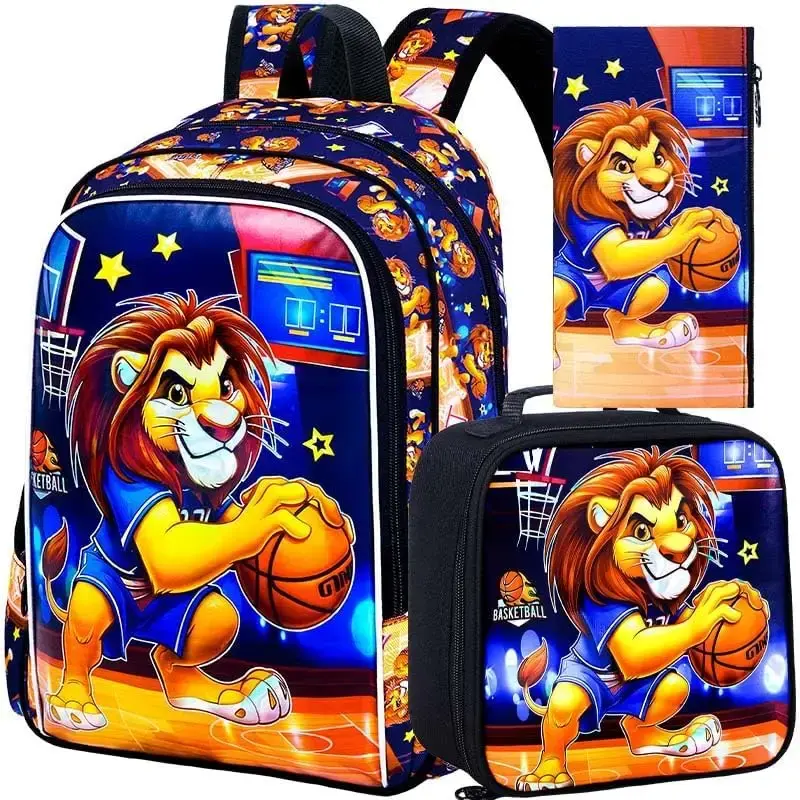 3PCS Backpack for Boys, 16'' Kids Lion Preschool Bookbags with Lunch Box, Cool Animal Water Resistant School Backpacks for El...