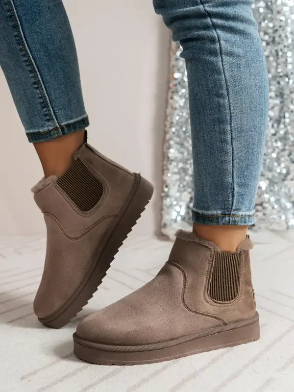 Women's Fashionable Solid Color Plush Lining Snow Boots, Casual Warm Comfortable Ankle Snow Boots for Fall & Winter, Female A...