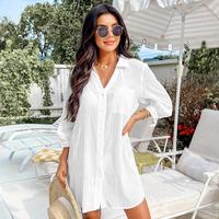 CUPSHE Seersucker Tie Cuff Cover-Up Dress Casual Woven Basic Collar V Neck Swimwear Summer Womenswear Swimsuit Season Bathing...