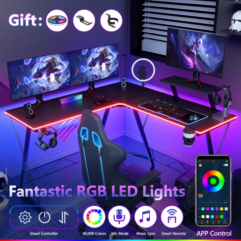 【Deals for You Days】Mr IRONSTONE L Shaped Gaming Desk Corner Computer Desk, Home Office Desks Writing Workstation with La...