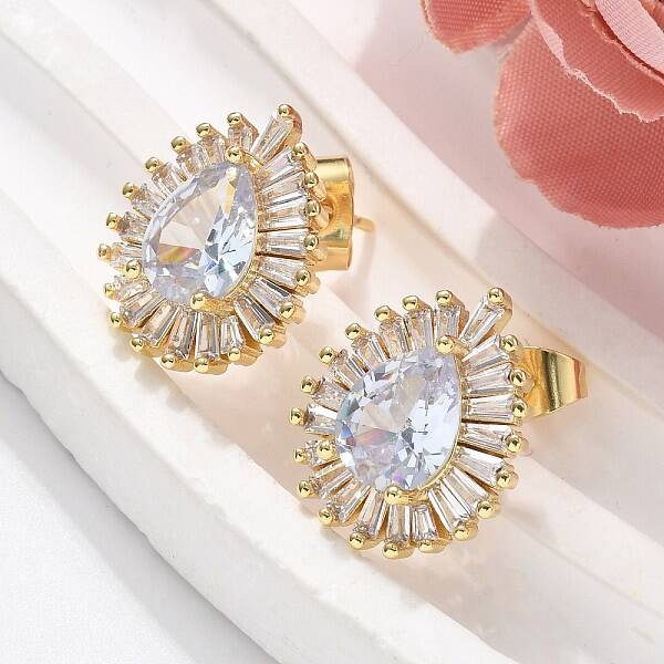 Brass Micro Pave Clear Cubic Zirconia Stud Earrings