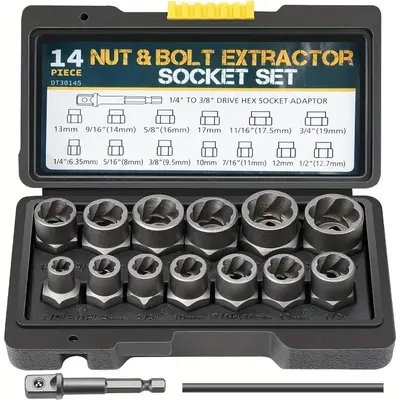 Multifunctional Nut & Bolt Extractor Socket Kit, Including 13 Nut Remover Kit Set, 1/4'' to 3/8 Drive Hex Socket Adapter & ...
