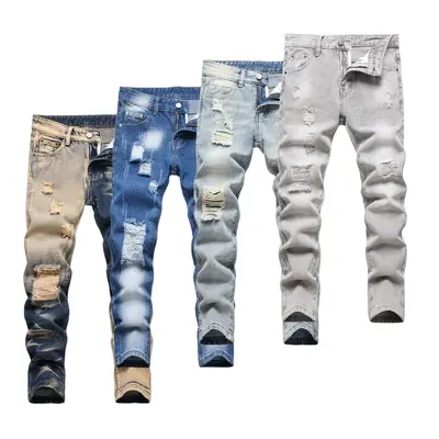 Boy's Solid Color Fashionable Skinny Pants - Ripped Distressed Destroyed Washed Denim Jeans​ for men Teen jeans ​​youth...