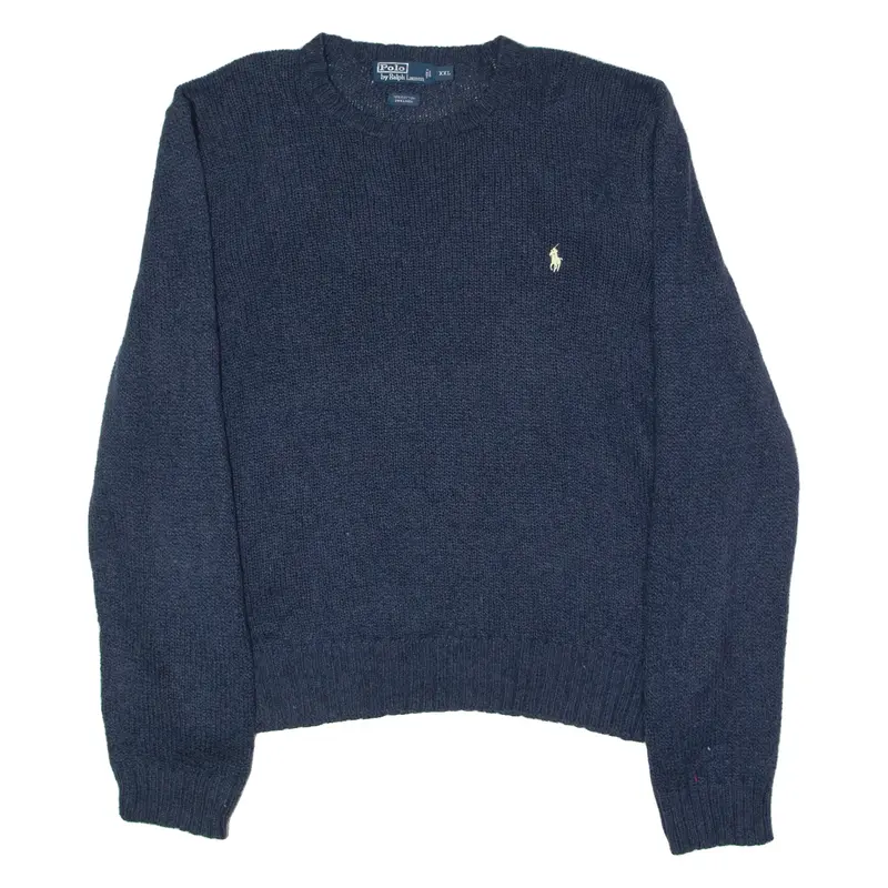 POLO RALPH LAUREN Mens Jumper Blue Crew Neck 90s Tight Knit 2XL