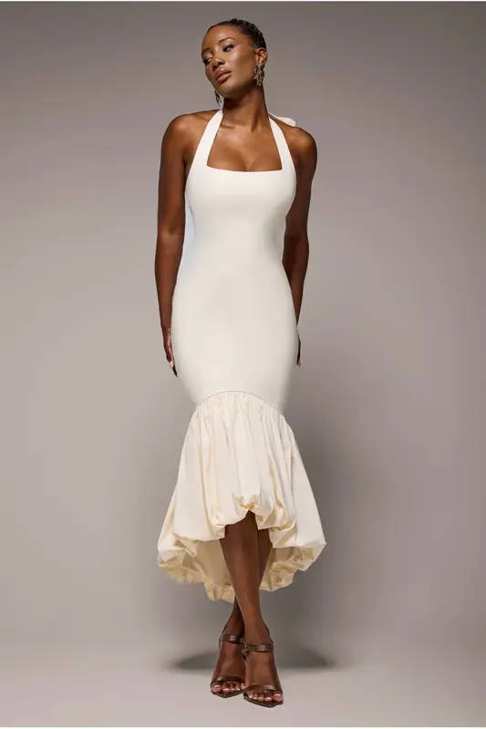 Goddiva Halter Neck Puff Hem Mermaid Midaxi Dress - Cream