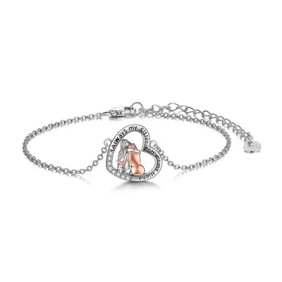 Sterling Silver Two-tone Round Cubic Zirconia Sisters & Heart Charm Bracelet with Engraved Word