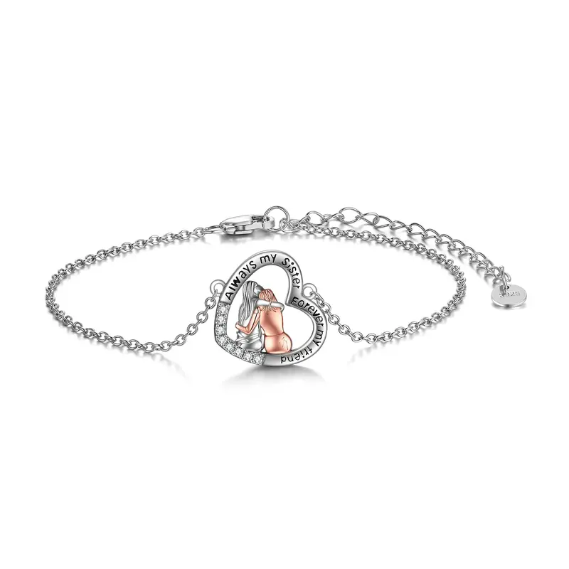 Sterling Silver Two-tone Round Cubic Zirconia Sisters & Heart Charm Bracelet with Engraved Word
