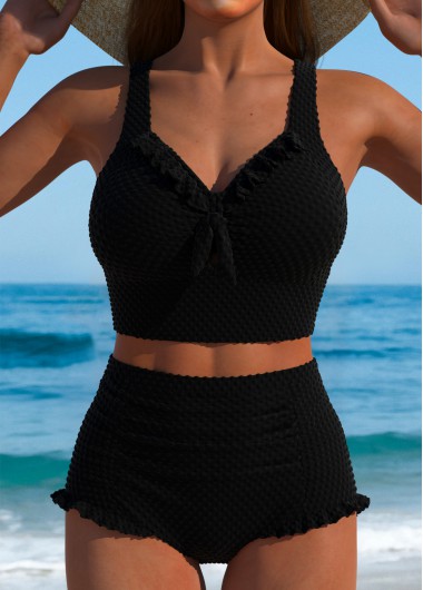 Modlily High Waisted Frill Black Bikini Set - L