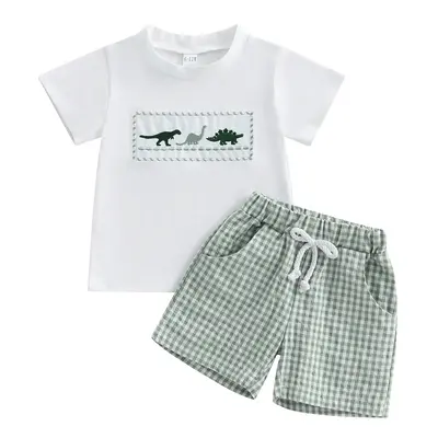 Toddler Baby Boy Clothes Dinosaur Embroidery Short Sleeve T-Shirts Boy Plaid Shorts Cute Infant Boy Outfit Summer Clothing Se...
