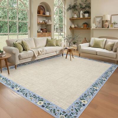 Garvee Bordered Beige 8x10 Washable Floral Bordered Area Rug Low Pile Non-Slip TPR Backing Polyester Soft Stain Resistant Fol...