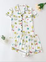 Women's Lemon Drink Print Short Sleeve Pajama Set, Button Front Chest Pocket Design Lapel Neck Top & Elastic Waist Shorts Pj ...
