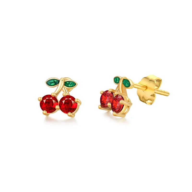 Sterling Silver with Yellow Gold Plated Round Cut Garnet Cherry Stud Earrings