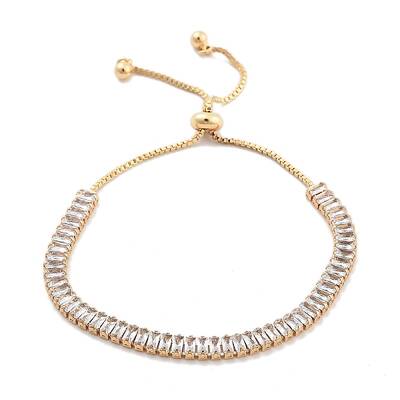 Brass Pave Clear Cubic Zirconia Rectangle Box Chain Slider Bracelets