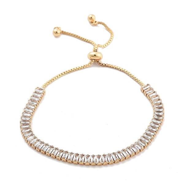 Brass Pave Clear Cubic Zirconia Rectangle Box Chain Slider Bracelets