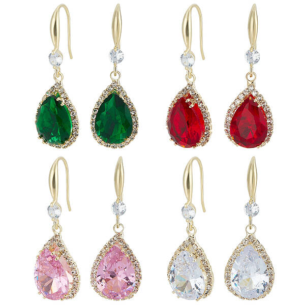 4 Pairs 4 Colors Glass Teardrop Dangle Earrings