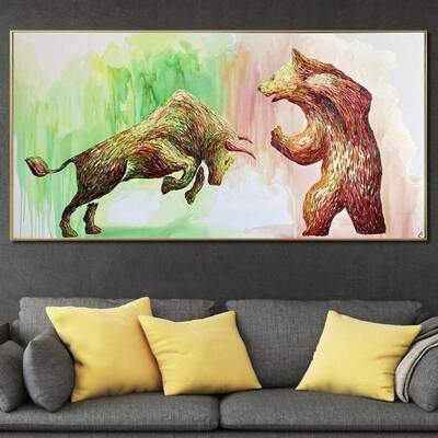 Abstract Bull vs Bear Painting On Canvas Wall Street Art Stock Exchange Wall Art NYC Market Painting Office Decor Motivationa...