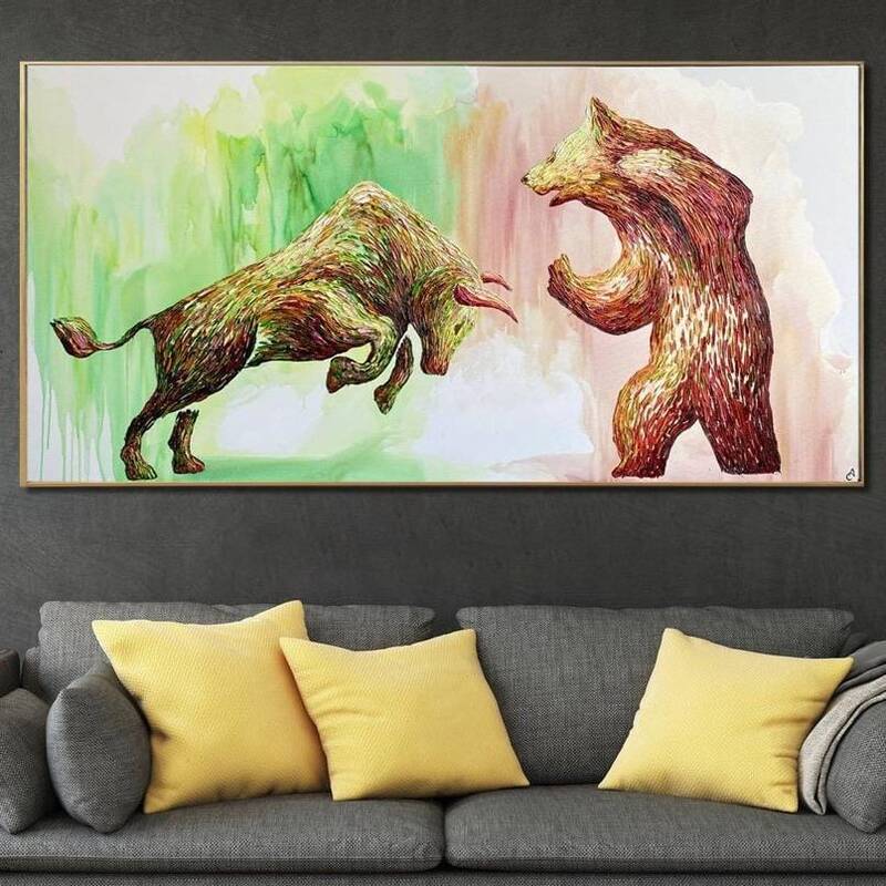 Abstract Bull vs Bear Painting On Canvas Wall Street Art Stock Exchange Wall Art NYC Market Painting Office Decor Motivationa...