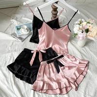 Sharon Women's Satin Pajama Set with Ruffled Edges and Bow Shorts - Sim0ple and Breathable Loungewear for Nighttime Comfort -...