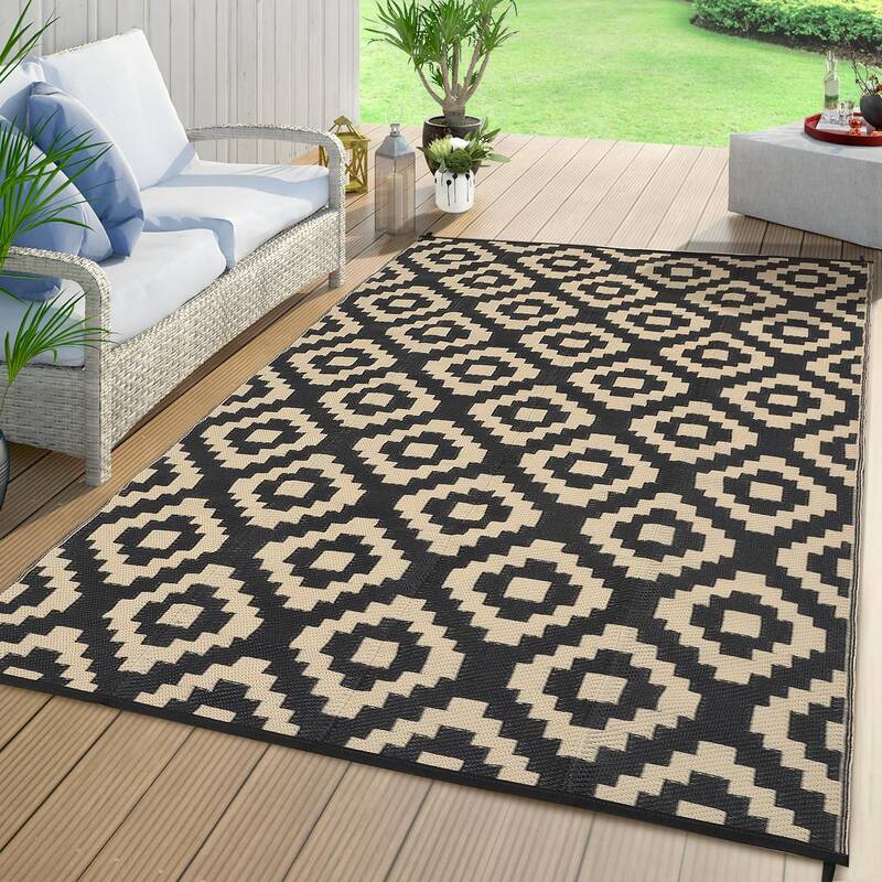 Garvee Outdoor Black & Coffee 10x14 Rugs Waterproof Reversible Patio Mat Plastic Straw Lightweight Modern Geometric Design wi...