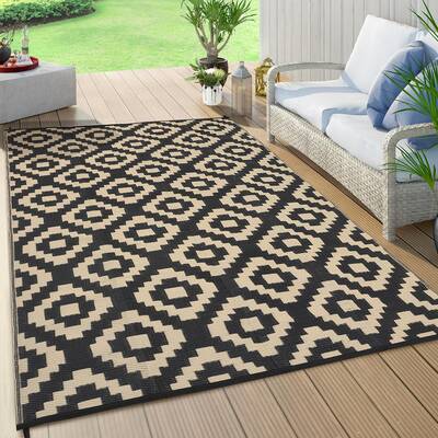 Garvee Outdoor Black & Coffee 10x14 Rugs Waterproof Reversible Patio Mat Plastic Straw Lightweight Modern Geometric Design wi...