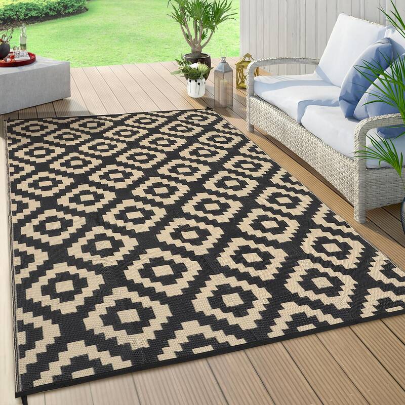 Garvee Outdoor Black & Coffee 10x14 Rugs Waterproof Reversible Patio Mat Plastic Straw Lightweight Modern Geometric Design wi...