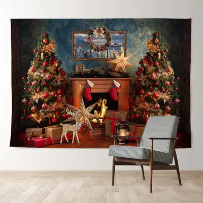 Aperturee Vintage Fireplace Stars Deer Christmas Backdrop