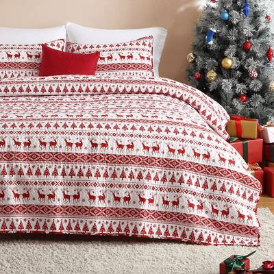 Garvee Christmas Quilt Set Queen Size - Boho Bedspread Coverlet Sets with Christmas Tree Reindeer Snowflakes Reversible Patte...