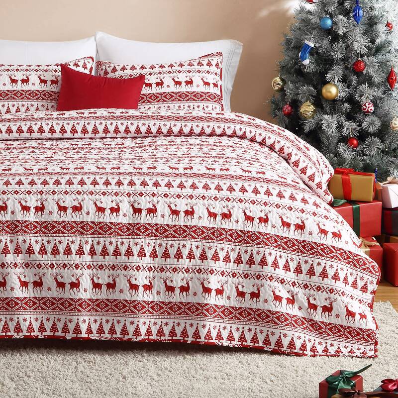 Garvee Christmas Quilt Set Queen Size - Boho Bedspread Coverlet Sets with Christmas Tree Reindeer Snowflakes Reversible Patte...
