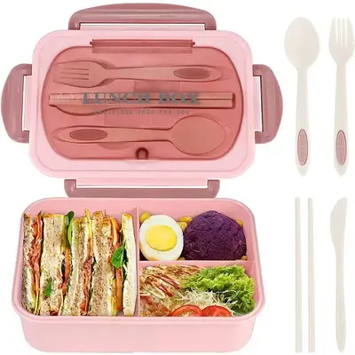 Household Essentials 1220ml 3-grid Lunch Box, Large Capacity Bento Box with Spoon & Fork & Knife & Chopsticks, Food Storage C...