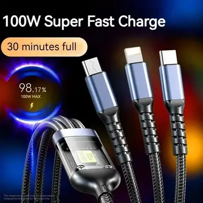 Multi functional 4 in 1 USB Charging Cable – USB A, Type-C, and Lightning Connectors for Fast Charging and Data Sync of Pho...