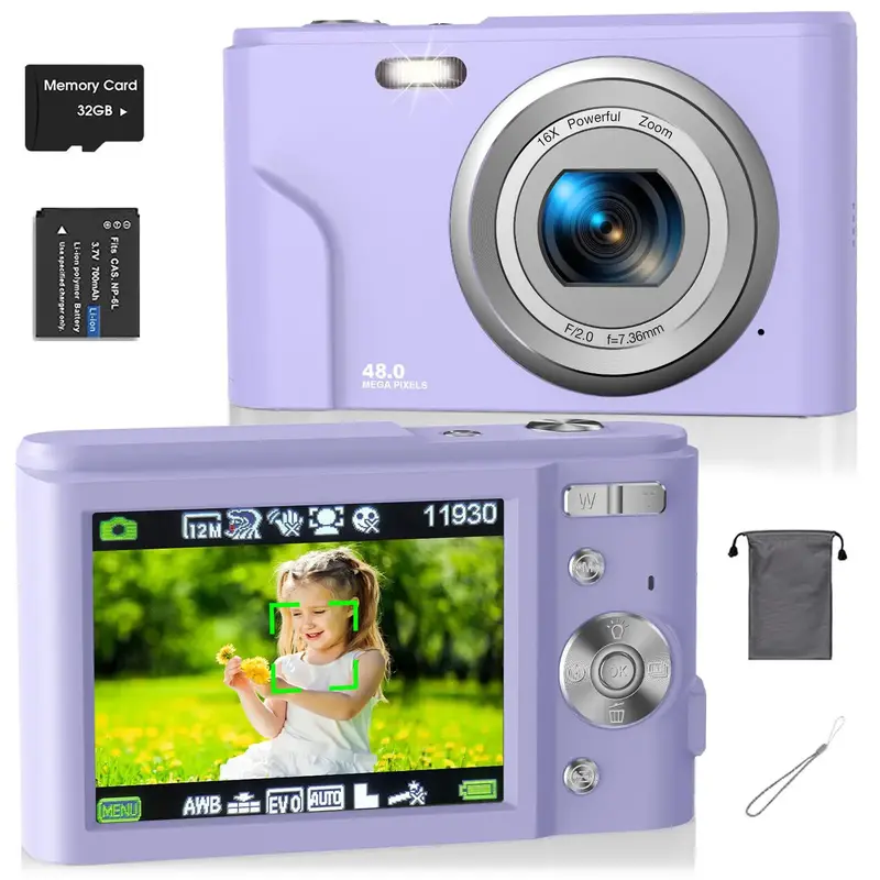 Auto Focus Digital Camera, 1 Count Full HD 1080P/48MP Mini Digital Cameras with 32G Memory Card, Compact Portable Camera, 16X...