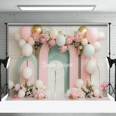 Modern Pink Green Arch Balloons Cake Smash Backdrop - Aperturee