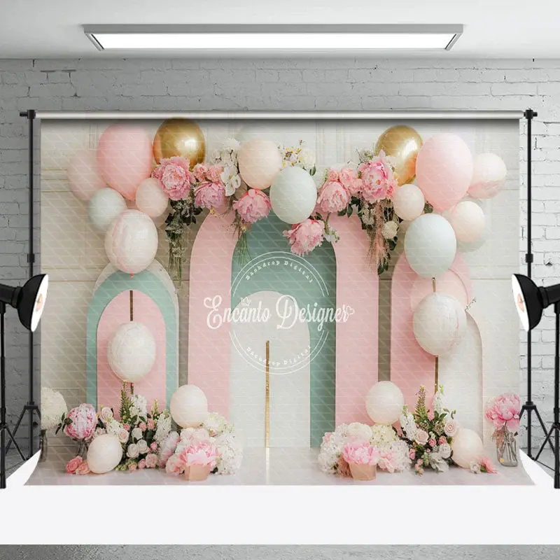 Modern Pink Green Arch Balloons Cake Smash Backdrop - Aperturee