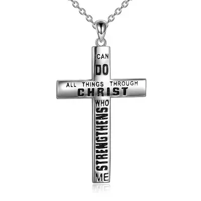 Sterling Silver Cross Pendant Necklace with Engraved Word