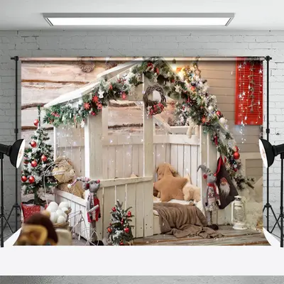 White Wooden House Green Plant Christmas Backdrop - Aperturee