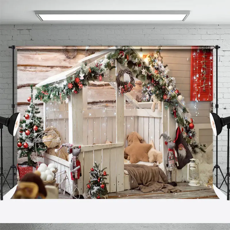 White Wooden House Green Plant Christmas Backdrop - Aperturee