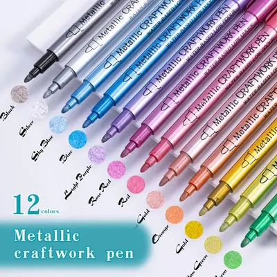 Metallic Craft Pen, 12pcs/set 12 Colors Marker Pen, Art Supplies for Rock Painting, Black Paper, Card Making, Scrapbooking Cr...