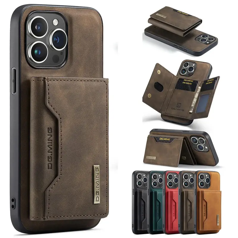 2 in 1 Magnetic Solid Color Phone Case, 1 Count PU Leather Phone Protective Cover with Card Holder, Phone Accessories for iPh...