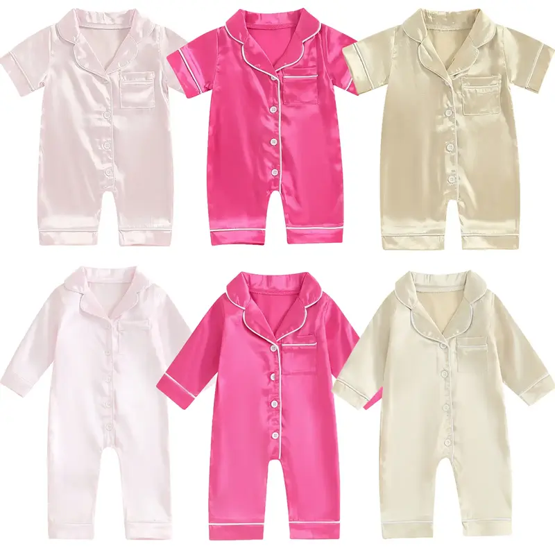 Newborn Baby Girl Boy Silk Pajamas Rompers Button Down Long/Short Sleeve Satin Infant Pjs Jumpsuit Shorts Nightgown