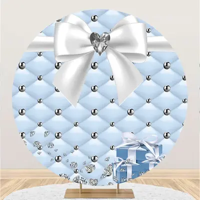 Aperturee Sky Blue And White Diamond Lovely Bow Round Backdrop | Round Backdrop Fabric Cover | Round Birthday Backdrop Cover ...
