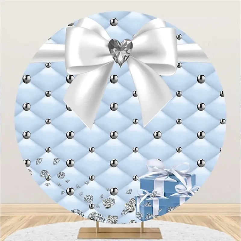 Aperturee Sky Blue And White Diamond Lovely Bow Round Backdrop | Round Backdrop Fabric Cover | Round Birthday Backdrop Cover ...
