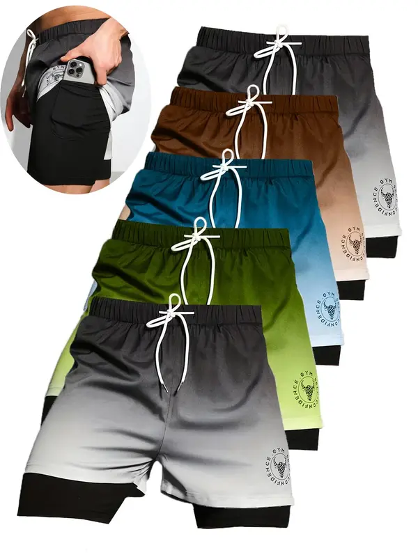Men's Ombre & Letter Print 2 in 1 Drawstring Waist Shorts, Regular Fit Casual Pocket Straight Leg Shorts for Daily Wear, Men'...