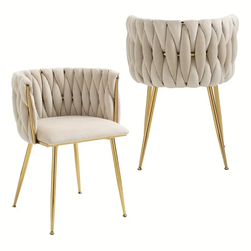 Velvet Dining Chairs Set of 2, Woven Upholstered Dining Chairs with Gold Metal Legs, Modern Accent Chairs for Living Room, Di...