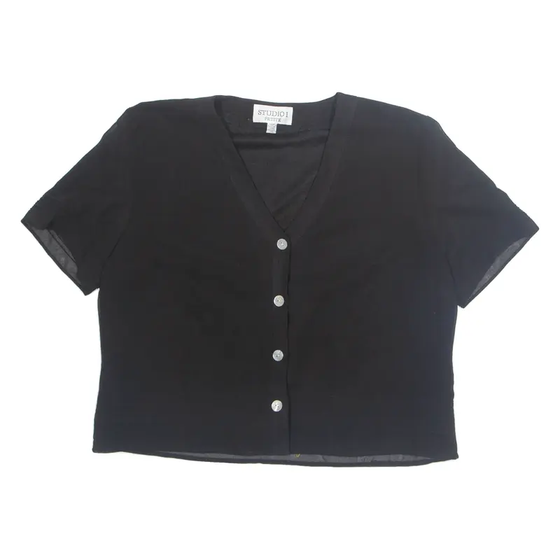 STUDIO I Petite Womens Cropped Blouse Black V-Neck L