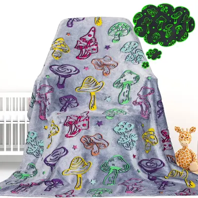 Bedroom Decor Glow in The Dark Cartoon Mushroom Print Blanket, Christmas Decor Soft Flannel Throw Blanket, Room Accessories C...