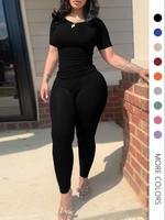 Women's Plain Pants Two-piece Set, Casual Short Sleeve Round Neck Tee & Leggings Set, Back To School Outfits, Workout Set, Gy...